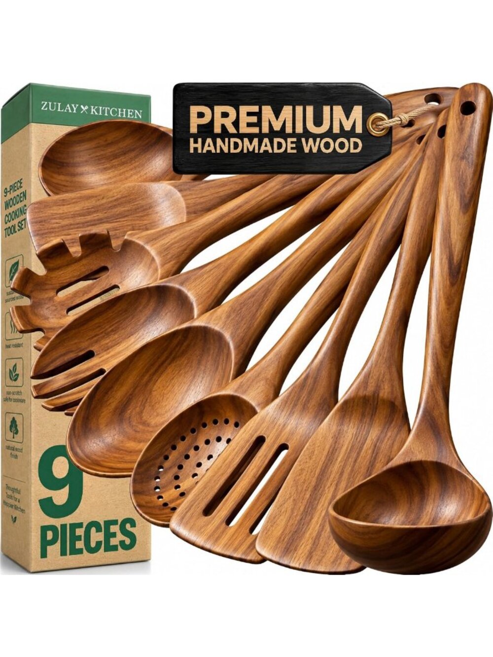 9-Piece Teak Wood Cooking Utensil Set - Non-Toxic, Non-Stick Kitchen Tools